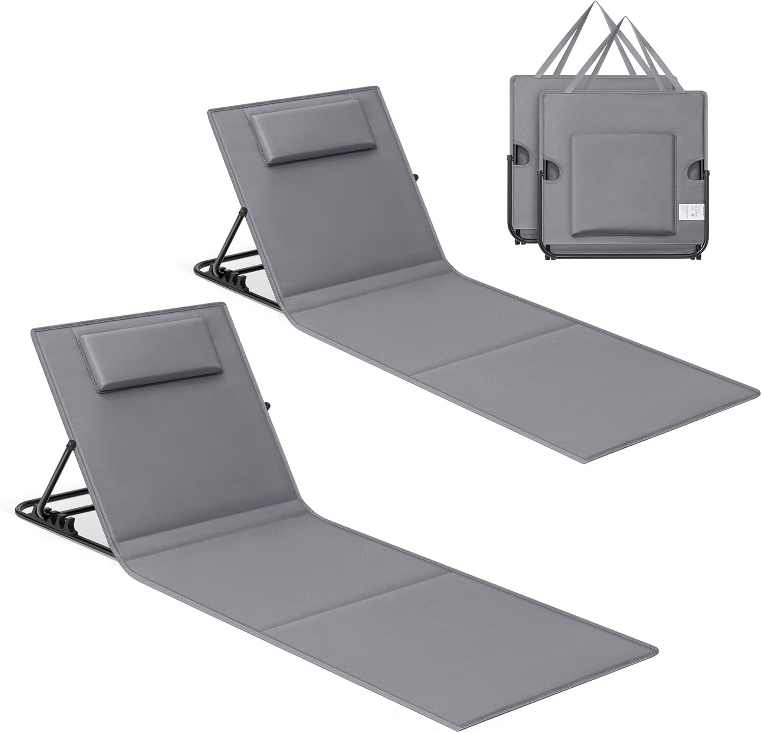 2x verstelbare strandstoel / ligstoel / strandhandoek - met rugleuning - 158 cm met rugleuning - grijs - set van 2 stuks - GCB251G01