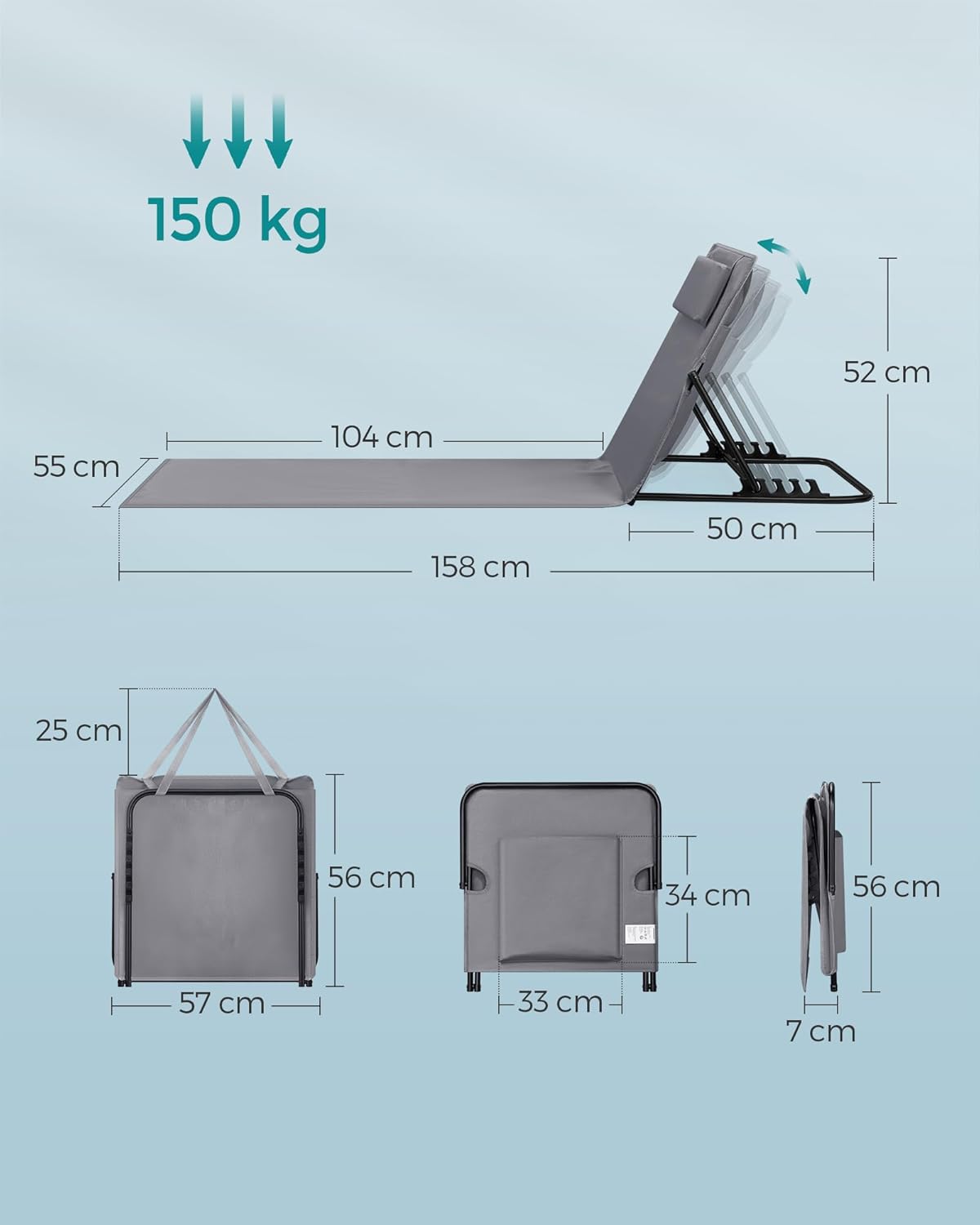 2x verstelbare strandstoel / ligstoel / strandhandoek - met rugleuning - 158 cm met rugleuning - grijs - set van 2 stuks - GCB251G01 - Afbeelding 2