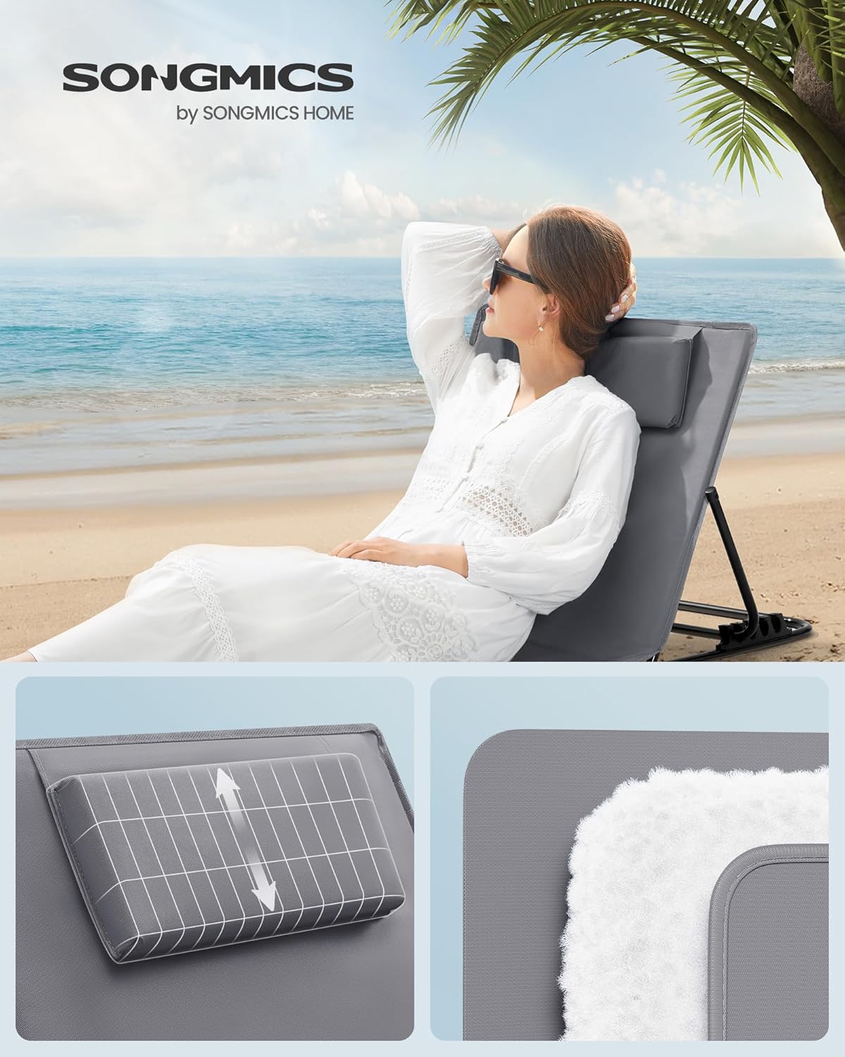 2x verstelbare strandstoel / ligstoel / strandhandoek - met rugleuning - 158 cm met rugleuning - grijs - set van 2 stuks - GCB251G01 - Afbeelding 3