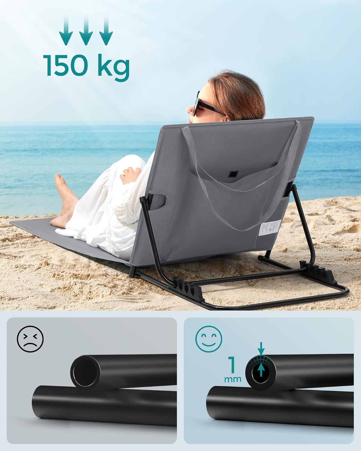 2x verstelbare strandstoel / ligstoel / strandhandoek - met rugleuning - 158 cm met rugleuning - grijs - set van 2 stuks - GCB251G01 - Afbeelding 5