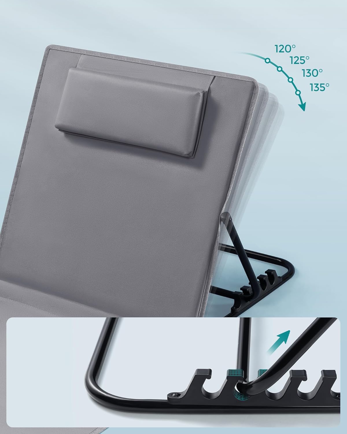 2x verstelbare strandstoel / ligstoel / strandhandoek - met rugleuning - 158 cm met rugleuning - grijs - set van 2 stuks - GCB251G01 - Afbeelding 6