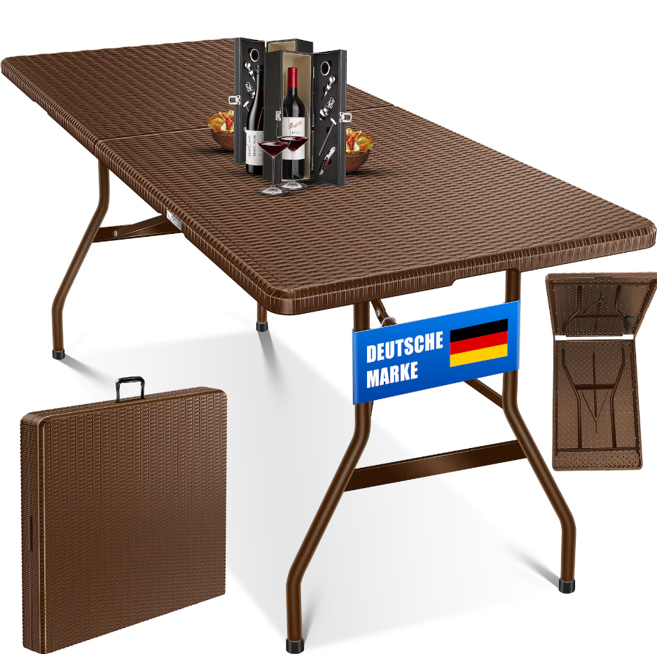 Opvouwbare tuintafel - campingtafel - 183x76 cm tafelblad - bruin - rattan look