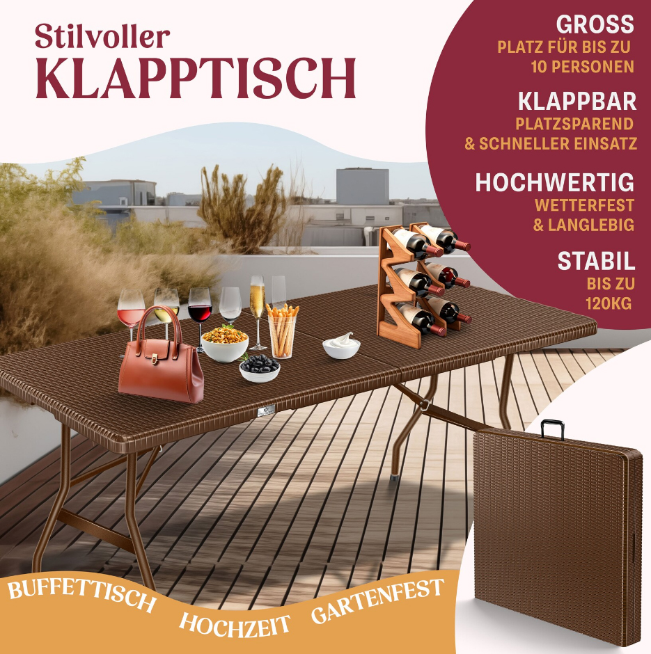 Opvouwbare tuintafel - campingtafel - 183x76 cm tafelblad - bruin - rattan look - Afbeelding 2