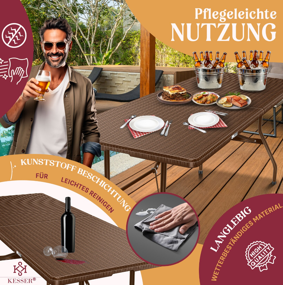Opvouwbare tuintafel - campingtafel - 183x76 cm tafelblad - bruin - rattan look - Afbeelding 3