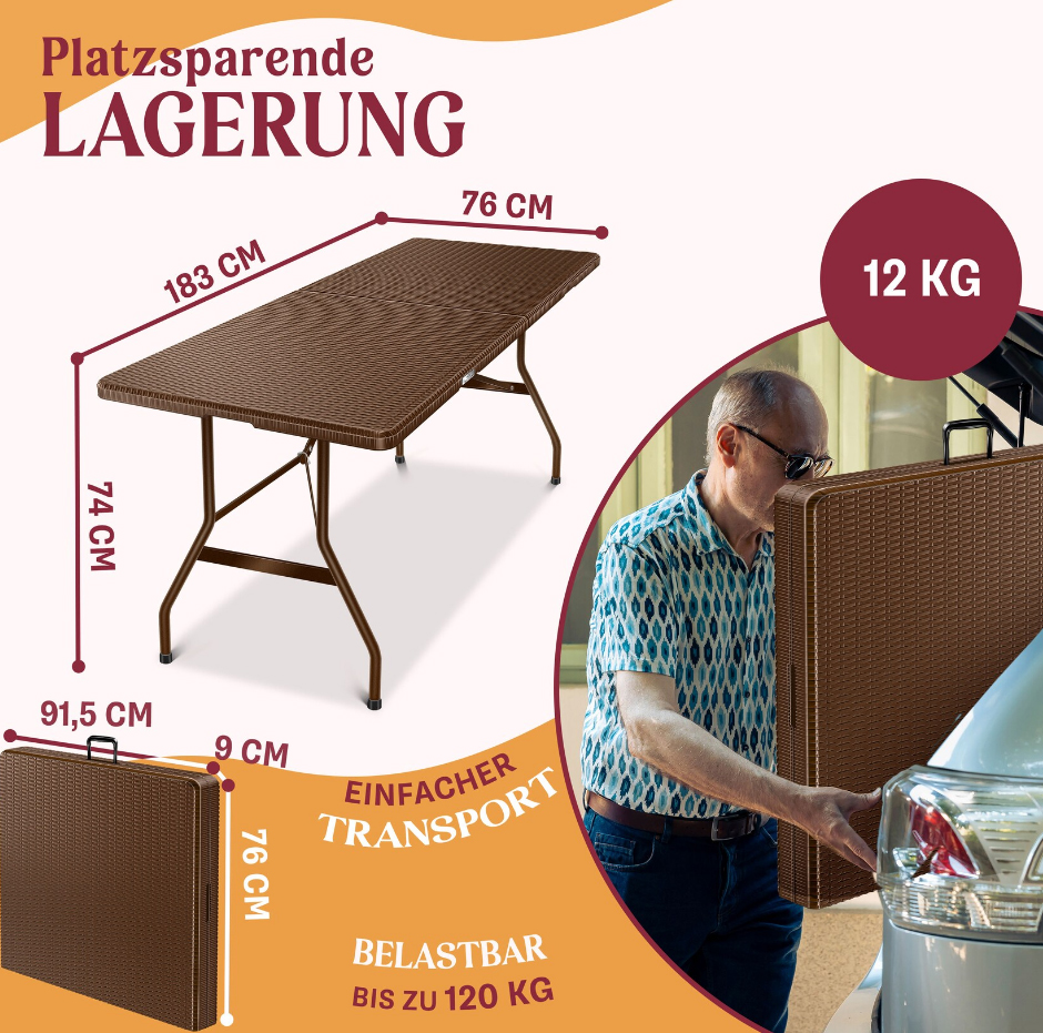 Opvouwbare tuintafel - campingtafel - 183x76 cm tafelblad - bruin - rattan look - Afbeelding 4