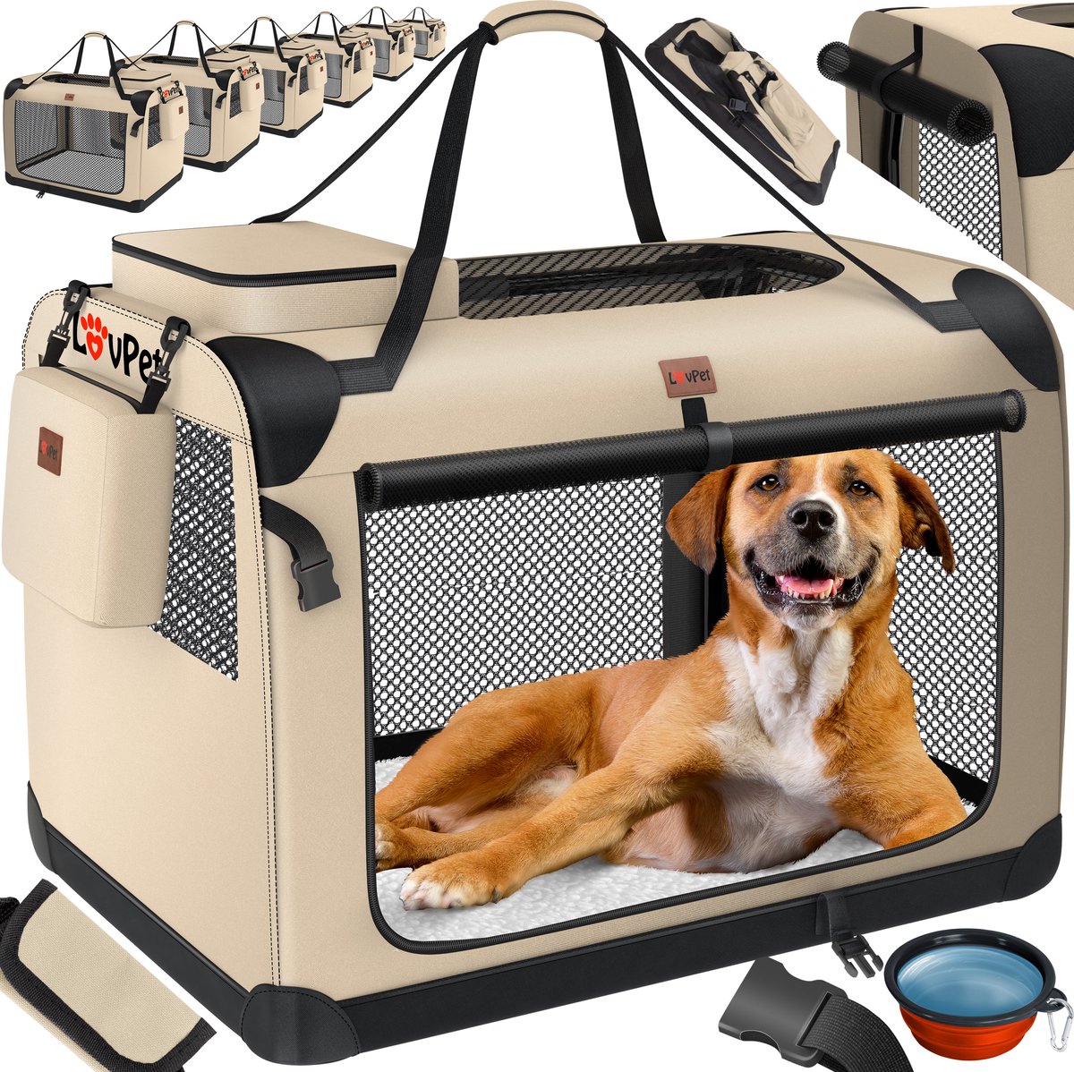 Lovepet - transportbox voor honden - maat M - 60x42x42 cm - reisbench - opvouwbaar - beige