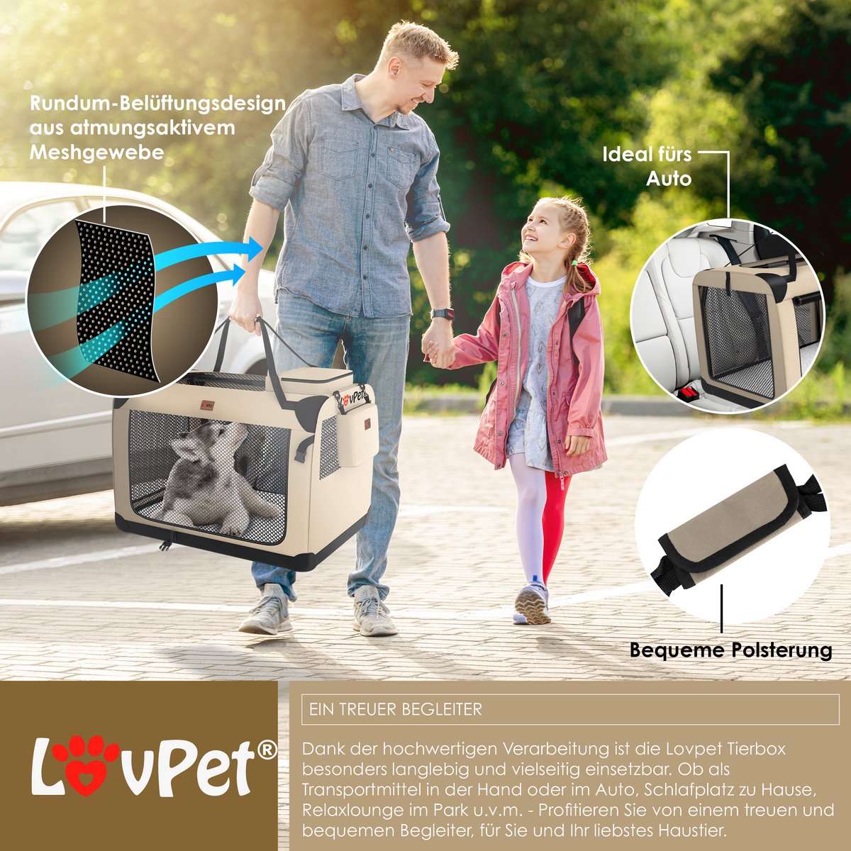 Lovepet - transportbox voor honden - maat M - 60x42x42 cm - reisbench - opvouwbaar - beige - Afbeelding 2