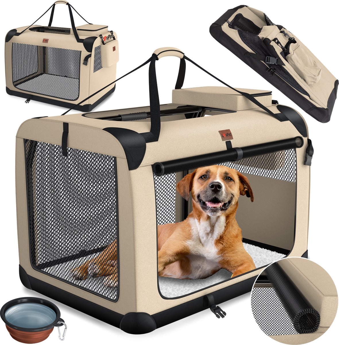 Lovepet - transportbox voor honden - maat M - 60x42x42 cm - reisbench - opvouwbaar - beige - Afbeelding 3