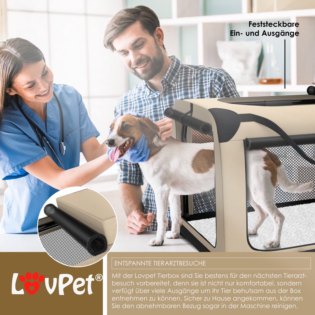 Lovepet - transportbox voor honden - maat M - 60x42x42 cm - reisbench - opvouwbaar - beige - Afbeelding 4