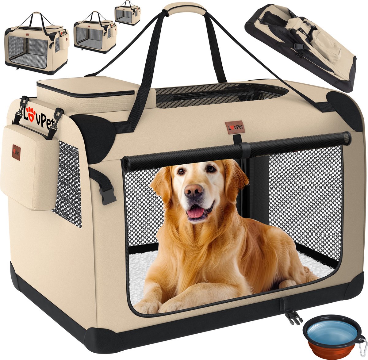 Lovepet - transportbox voor honden - maat M - 60x42x42 cm - reisbench - opvouwbaar - beige - Afbeelding 6