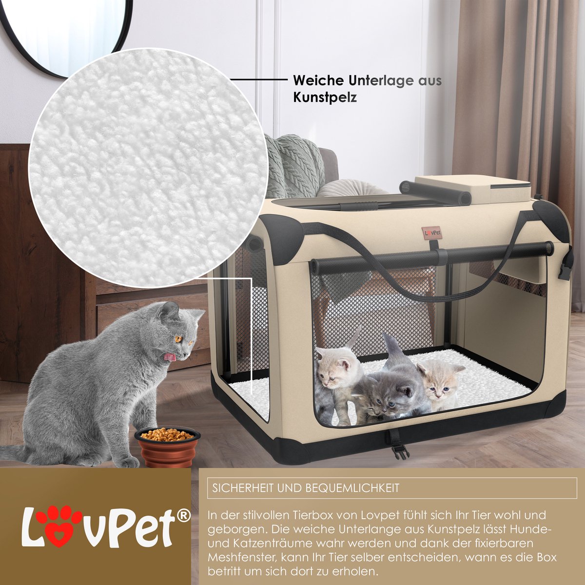 Lovepet - transportbox voor honden - maat M - 60x42x42 cm - reisbench - opvouwbaar - beige - Afbeelding 5