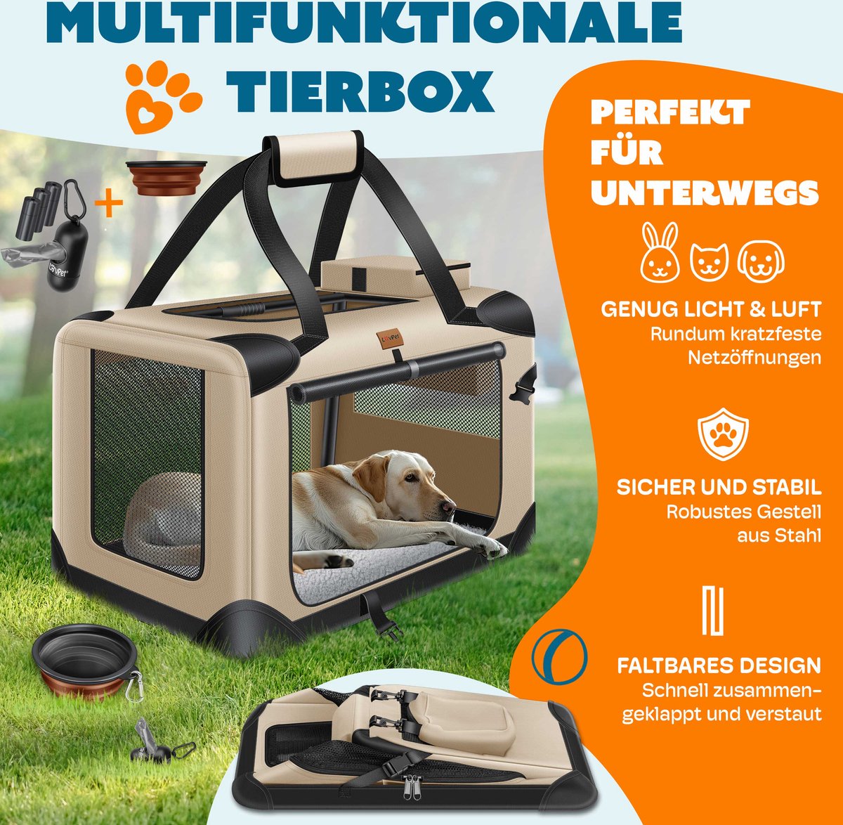 Lovepet - transportbox voor honden - maat M - 60x42x42 cm - reisbench - opvouwbaar - beige - Afbeelding 7