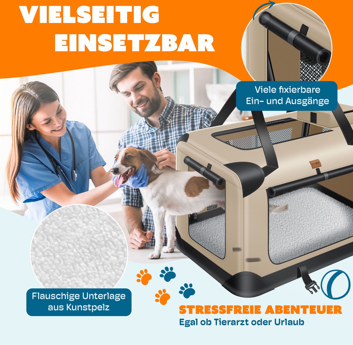 Lovepet - transportbox voor honden - maat M - 60x42x42 cm - reisbench - opvouwbaar - beige - Afbeelding 8