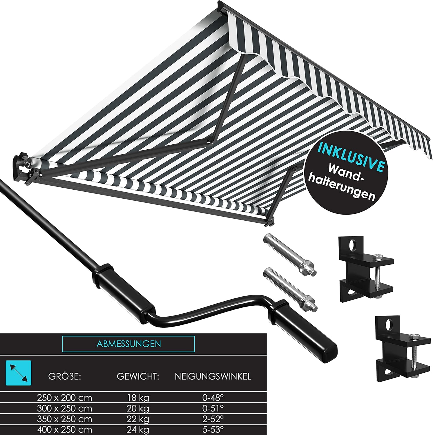 Zonnescherm - luifel - 300-x250 cm knikarmscherm - antraciet / wit - Afbeelding 7