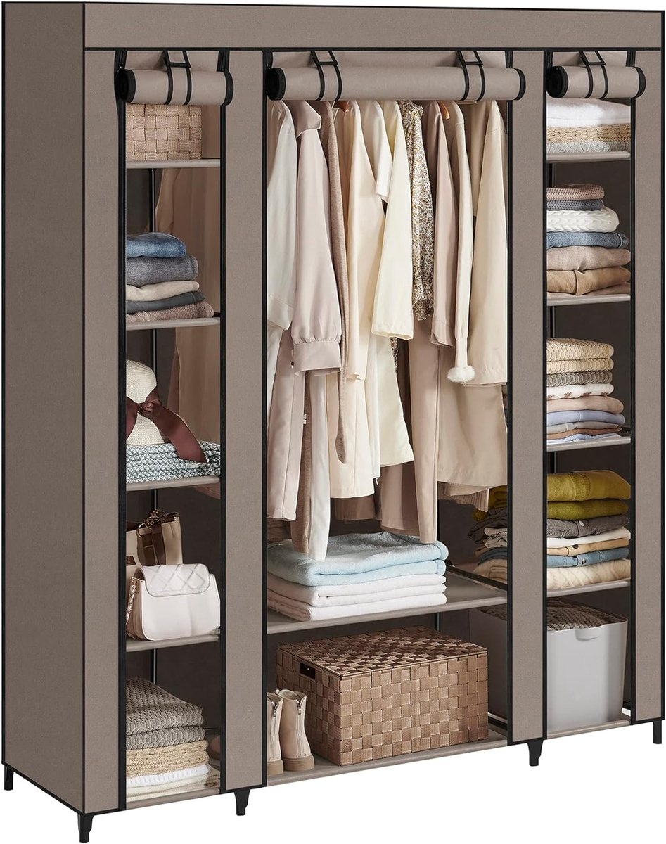 Kledingkast - stof - met kledingstang 45 x 150 x 175 cm -12 planken - metalen frame - taupe - LSF003R02