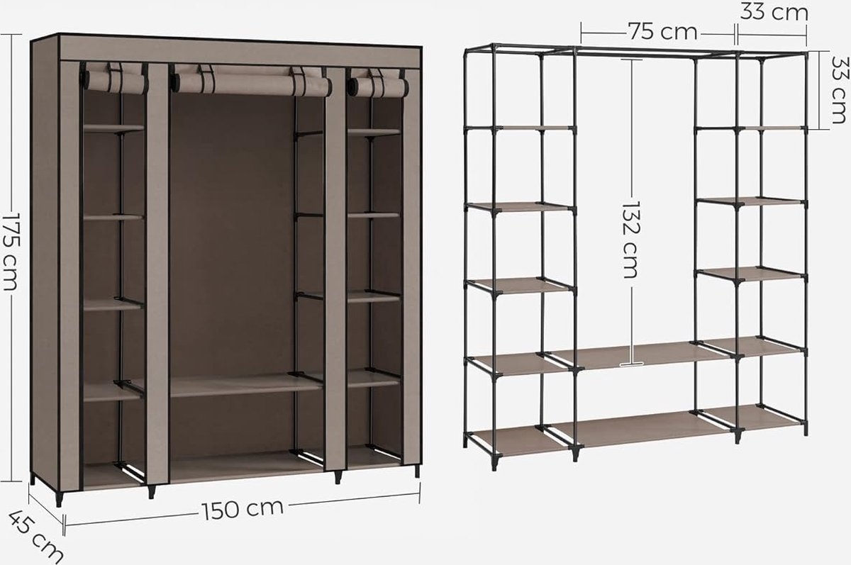 Kledingkast - stof - met kledingstang 45 x 150 x 175 cm -12 planken - metalen frame - taupe - LSF003R02 - Afbeelding 3