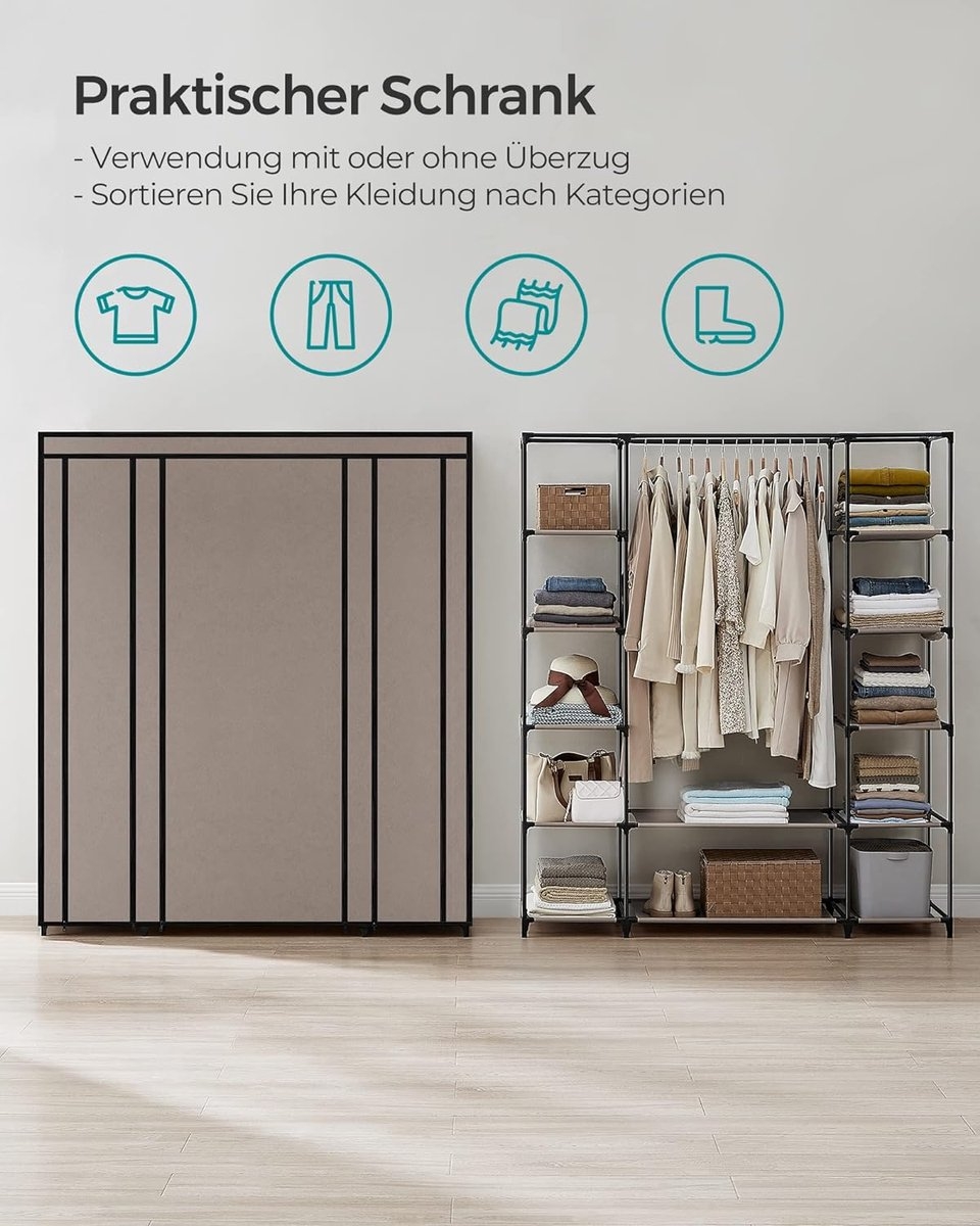 Kledingkast - stof - met kledingstang 45 x 150 x 175 cm -12 planken - metalen frame - taupe - LSF003R02 - Afbeelding 5