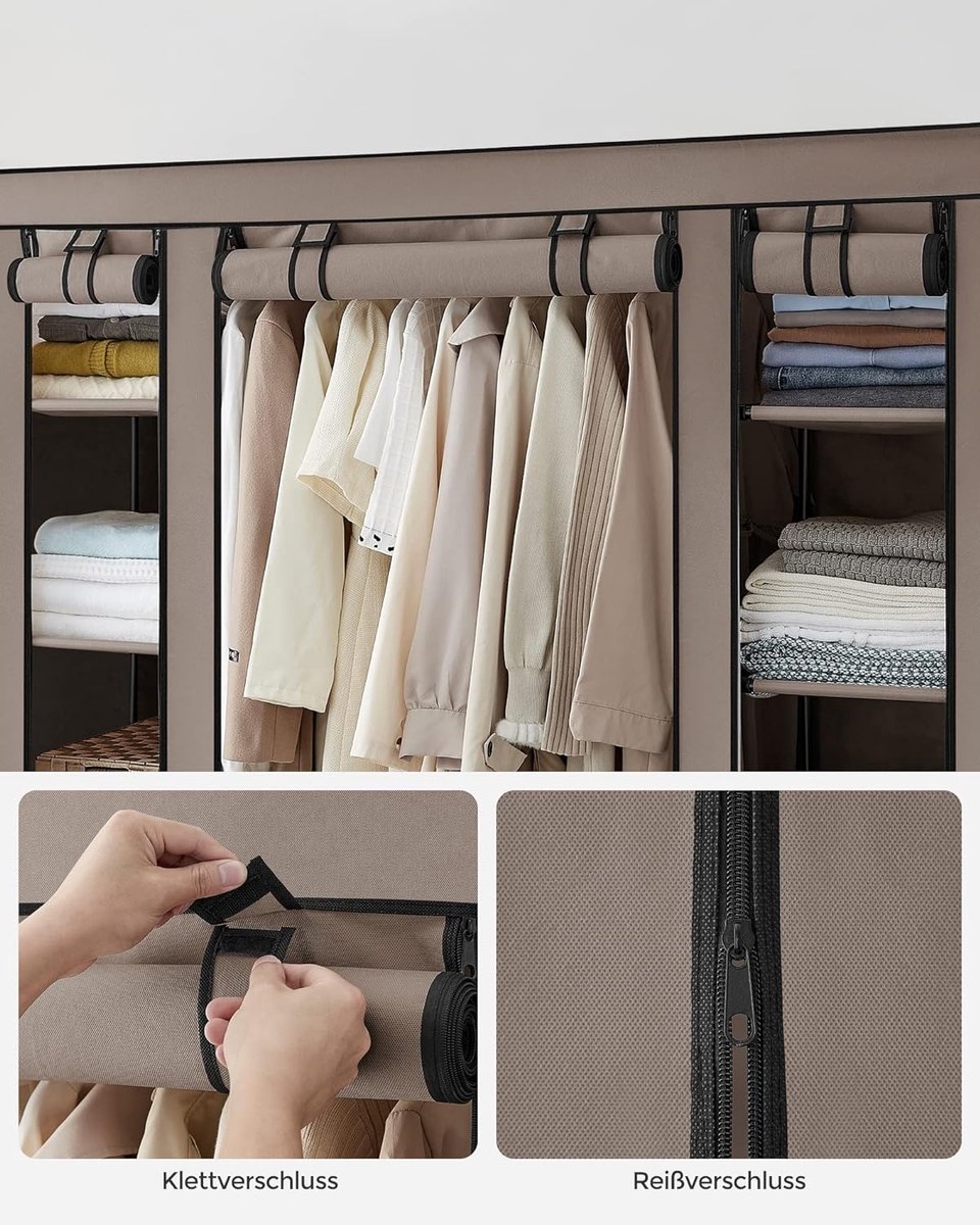 Kledingkast - stof - met kledingstang 45 x 150 x 175 cm -12 planken - metalen frame - taupe - LSF003R02 - Afbeelding 6