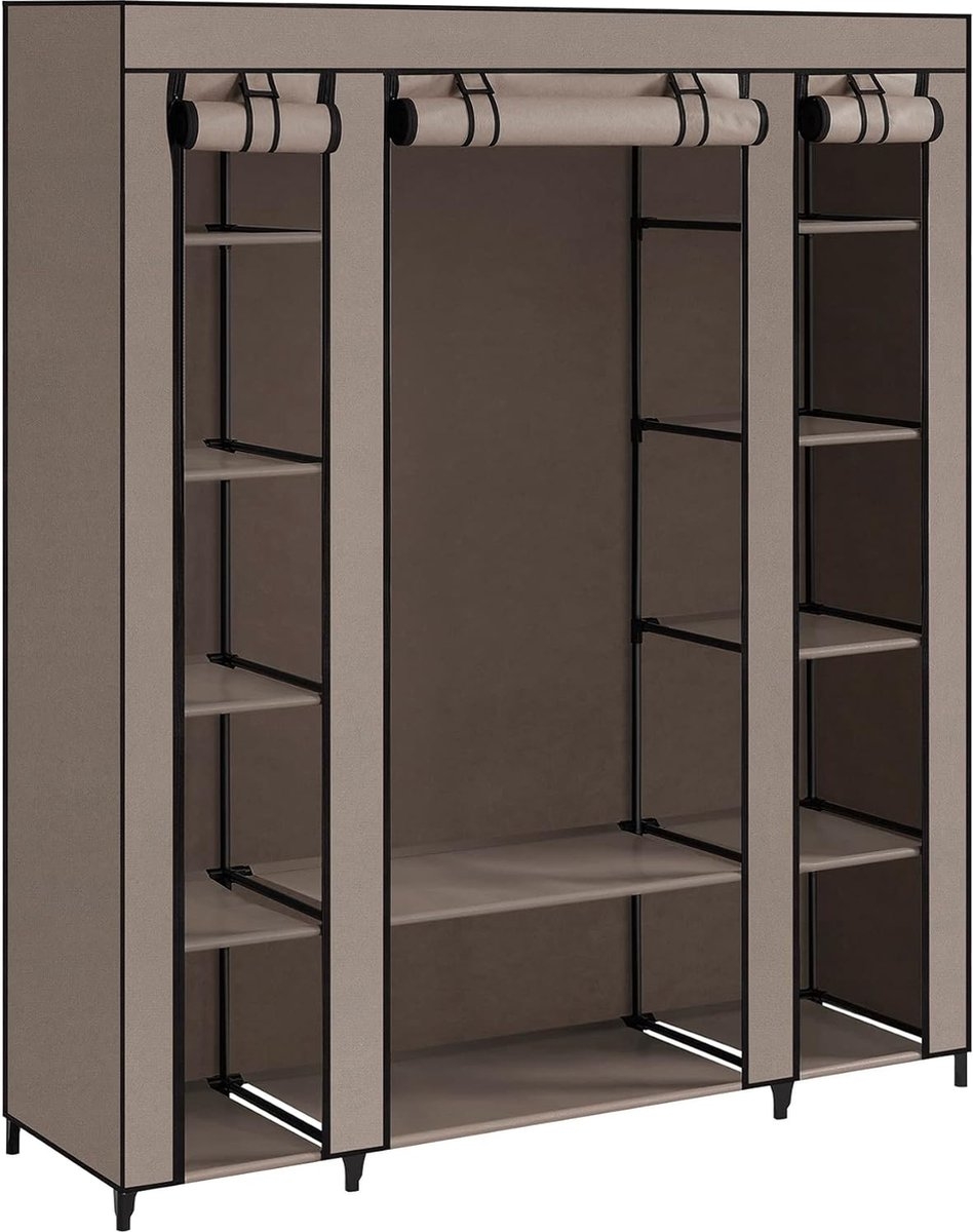 Kledingkast - stof - met kledingstang 45 x 150 x 175 cm -12 planken - metalen frame - taupe - LSF003R02 - Afbeelding 8