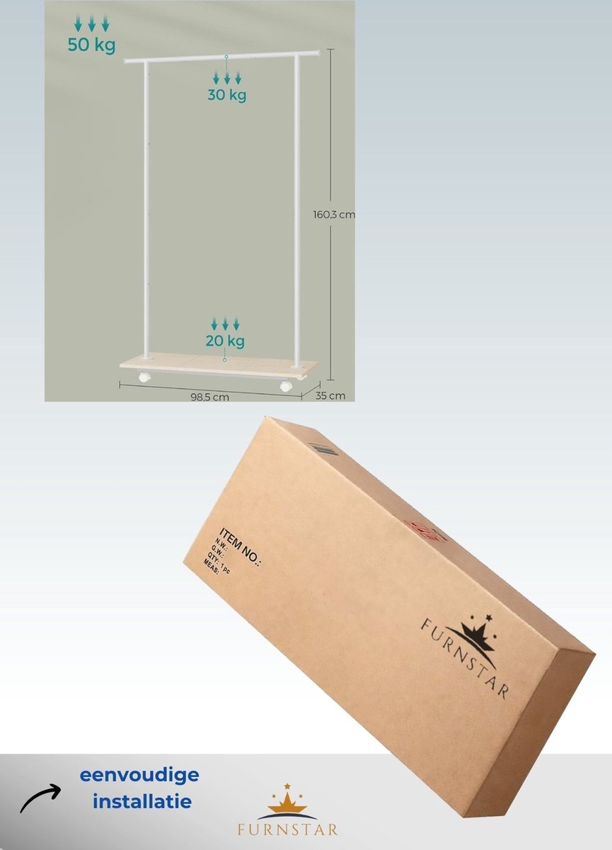 Kapstok - kledingrek - breedte 98.5 cm - max 50 kg - wit met beige - met wielen - HSR151W01 - Afbeelding 3