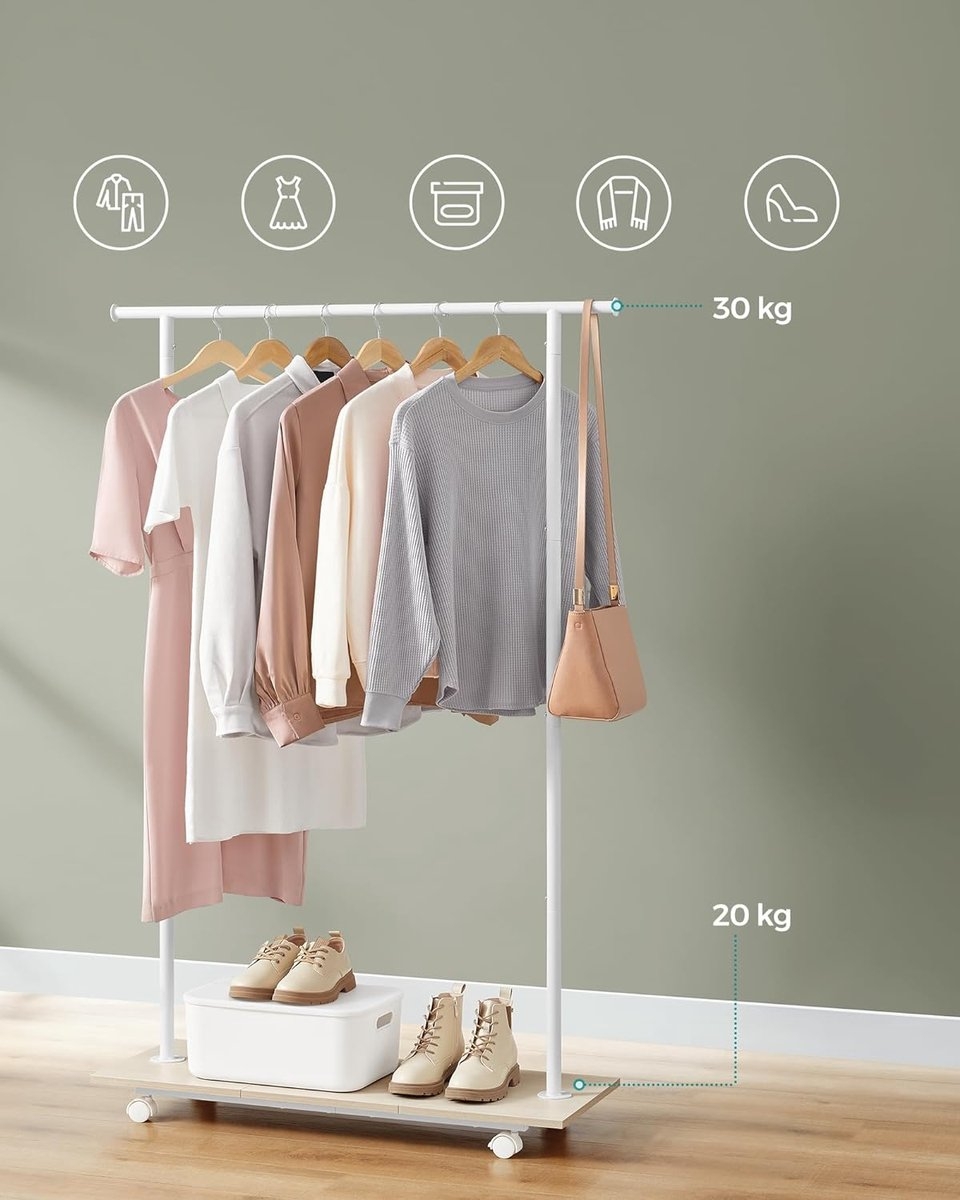 Kapstok - kledingrek - breedte 98.5 cm - max 50 kg - wit met beige - met wielen - HSR151W01 - Afbeelding 4