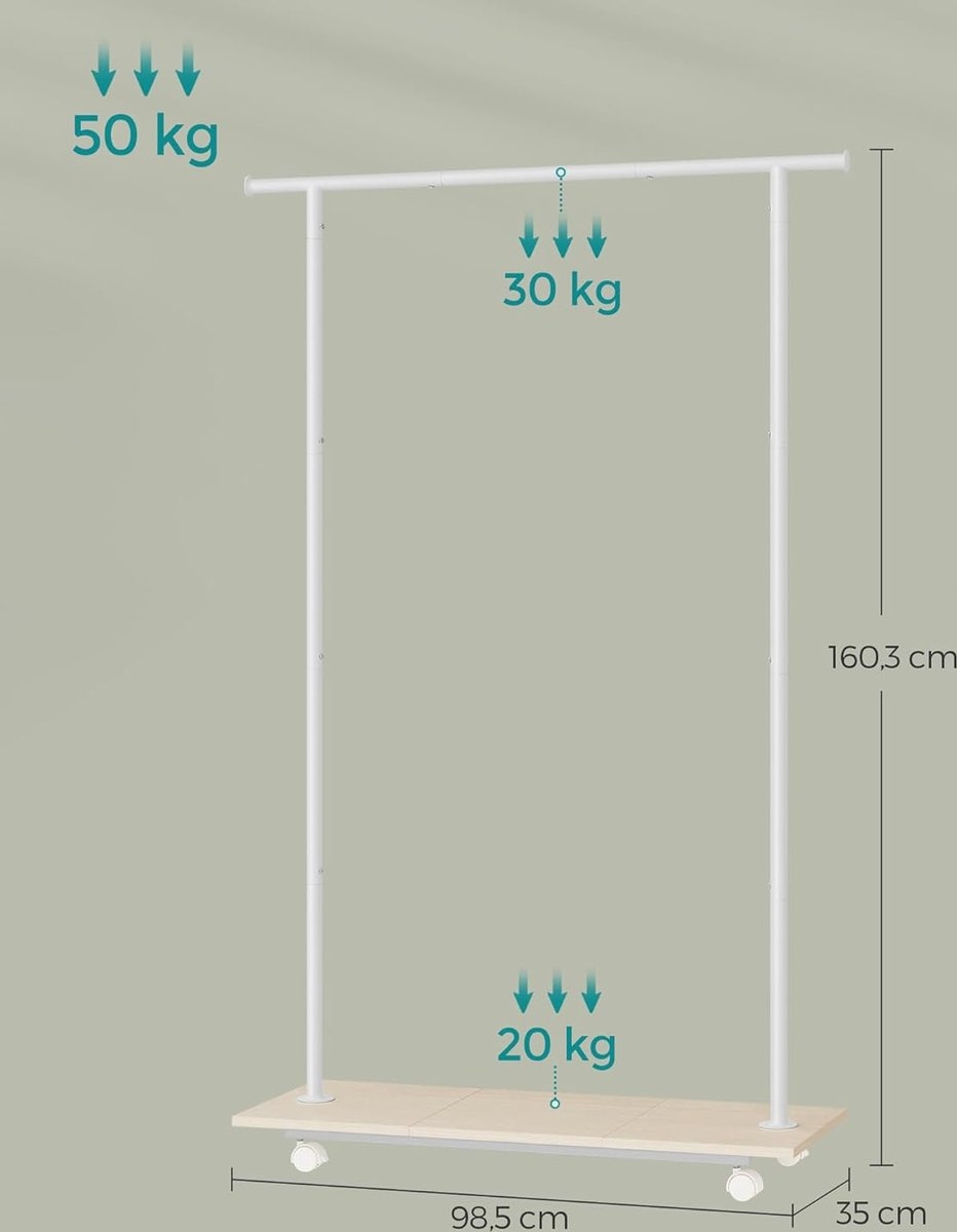 Kapstok - kledingrek - breedte 98.5 cm - max 50 kg - wit met beige - met wielen - HSR151W01 - Afbeelding 7