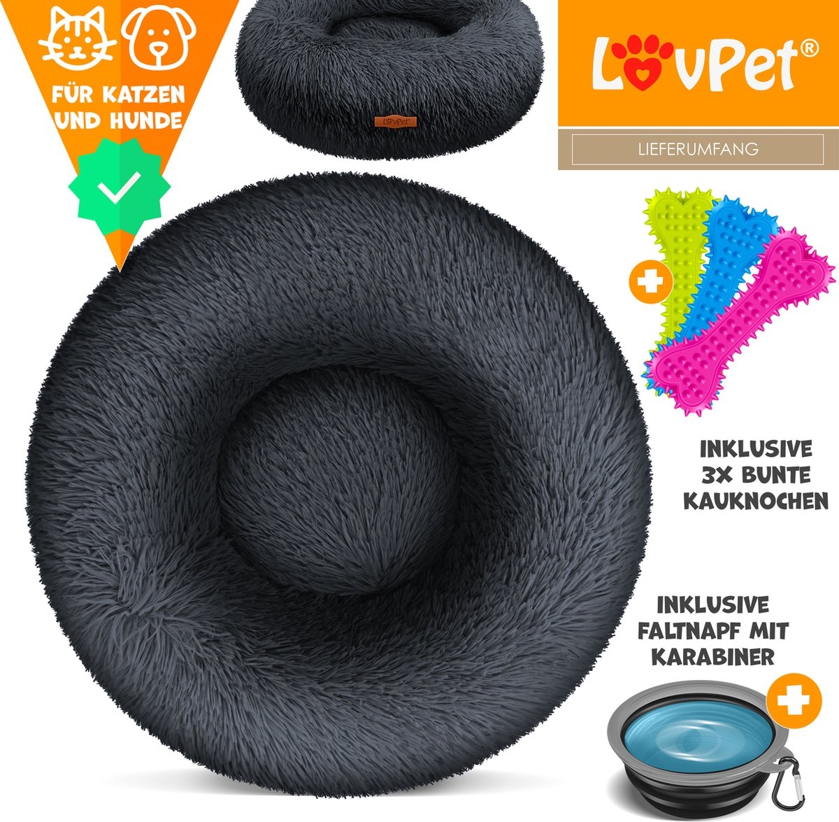 Hondenbed 60x60 cm - hondenmand - pluche -kleine en middelgrote -maat L - antraciet - Afbeelding 3