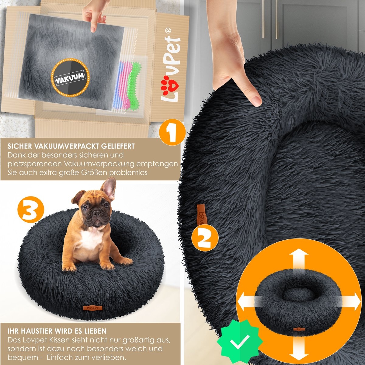 Hondenbed 60x60 cm - hondenmand - pluche -kleine en middelgrote -maat L - antraciet - Afbeelding 12