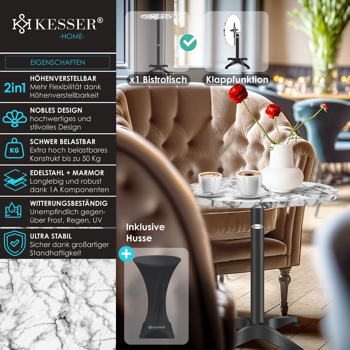 Bartafel - statafel - diameter 60 cm - marmerlook - stalen frame - hoogte 115 cm - Afbeelding 10