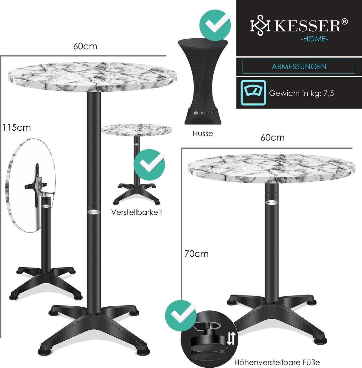Bartafel - statafel - diameter 60 cm - marmerlook - stalen frame - hoogte 115 cm - Afbeelding 11
