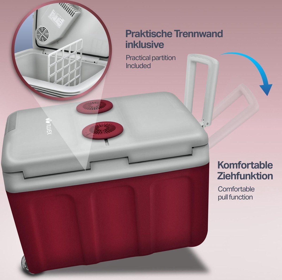 Tillvex - koelbox 40 liter - reiskoelkast - 12 volt - met wielen - koelen en verwarmen - rood - Afbeelding 2