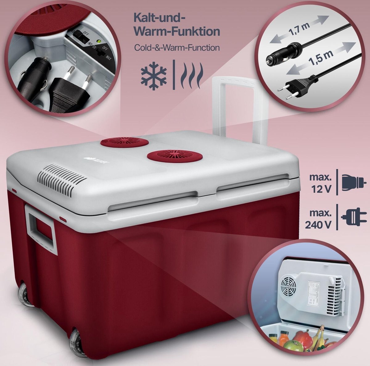 Tillvex - koelbox 40 liter - reiskoelkast - 12 volt - met wielen - koelen en verwarmen - rood - Afbeelding 6
