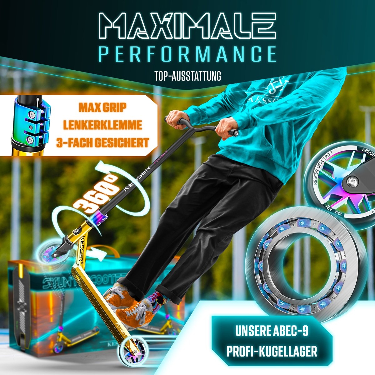 Stuntstep X-Limit-Pro 360° volwassenen en kinderen - abec lagers en 110 mm wielen - max 100 kg - Afbeelding 8