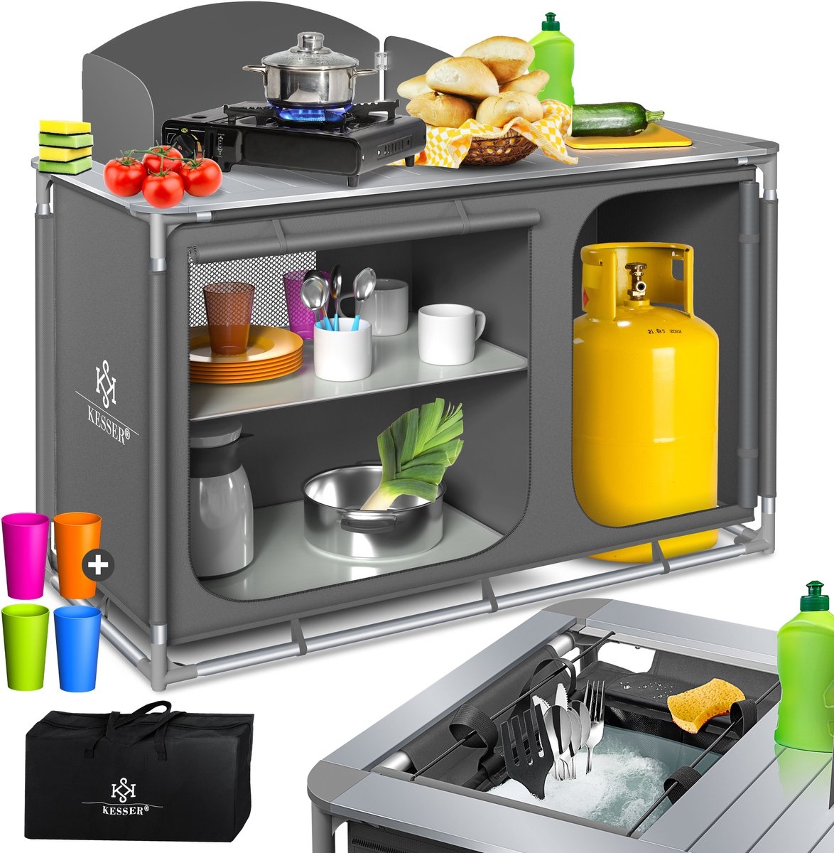 Campingkeuken opvouwbaar - campingkast inclusief opbergtas - kampeerkeuken / kampeerkast - grijs / Typ F4