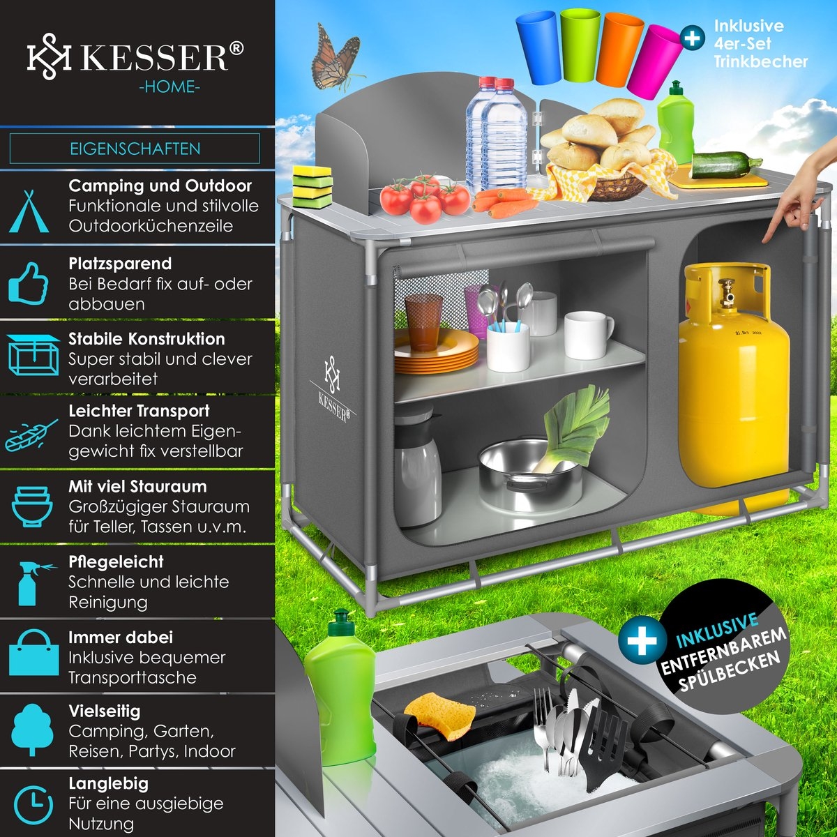 Campingkeuken opvouwbaar - campingkast inclusief opbergtas - kampeerkeuken / kampeerkast - grijs / Typ F4 - Afbeelding 5