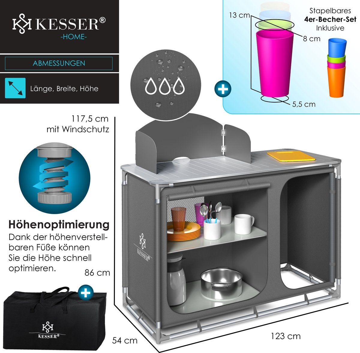 Campingkeuken opvouwbaar - campingkast inclusief opbergtas - kampeerkeuken / kampeerkast - grijs / Typ F4 - Afbeelding 7