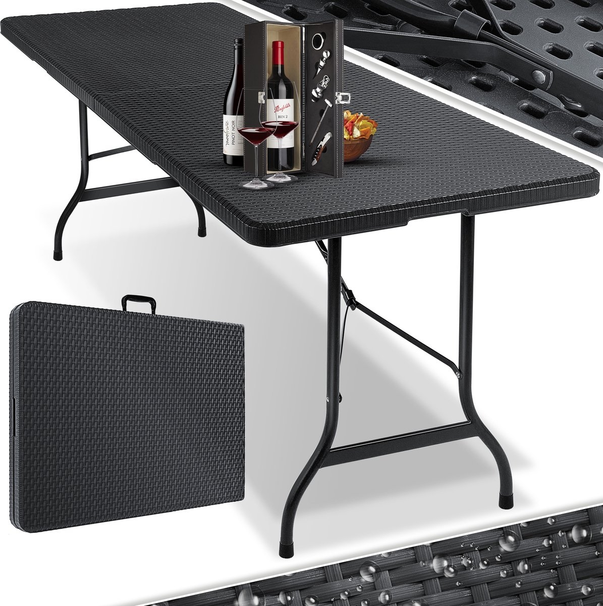 Inklapbare tafel 180x75x73cm - rattanlook kunststof - campingtafel / tuintafel - max 8 personen - antraciet