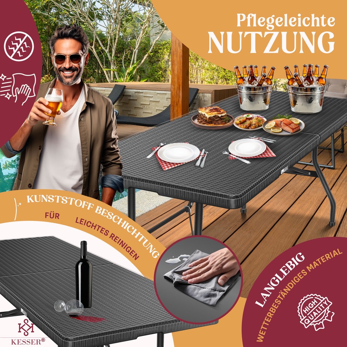 Inklapbare tafel 180x75x73cm - rattanlook kunststof - campingtafel / tuintafel - max 8 personen - antraciet - Afbeelding 2