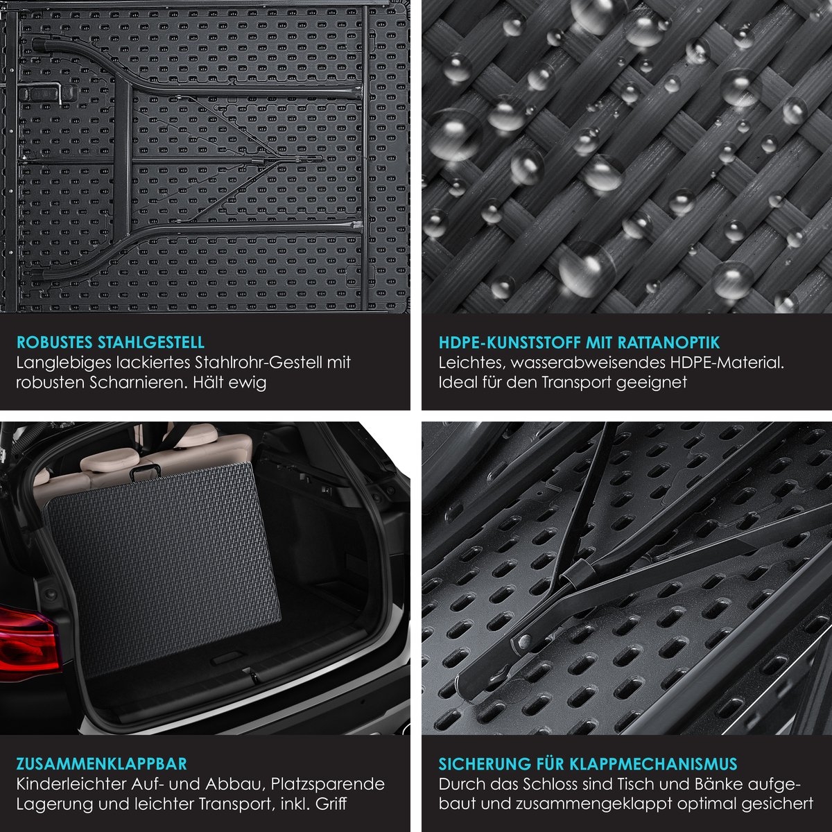 Inklapbare tafel 180x75x73cm - rattanlook kunststof - campingtafel / tuintafel - max 8 personen - antraciet - Afbeelding 5