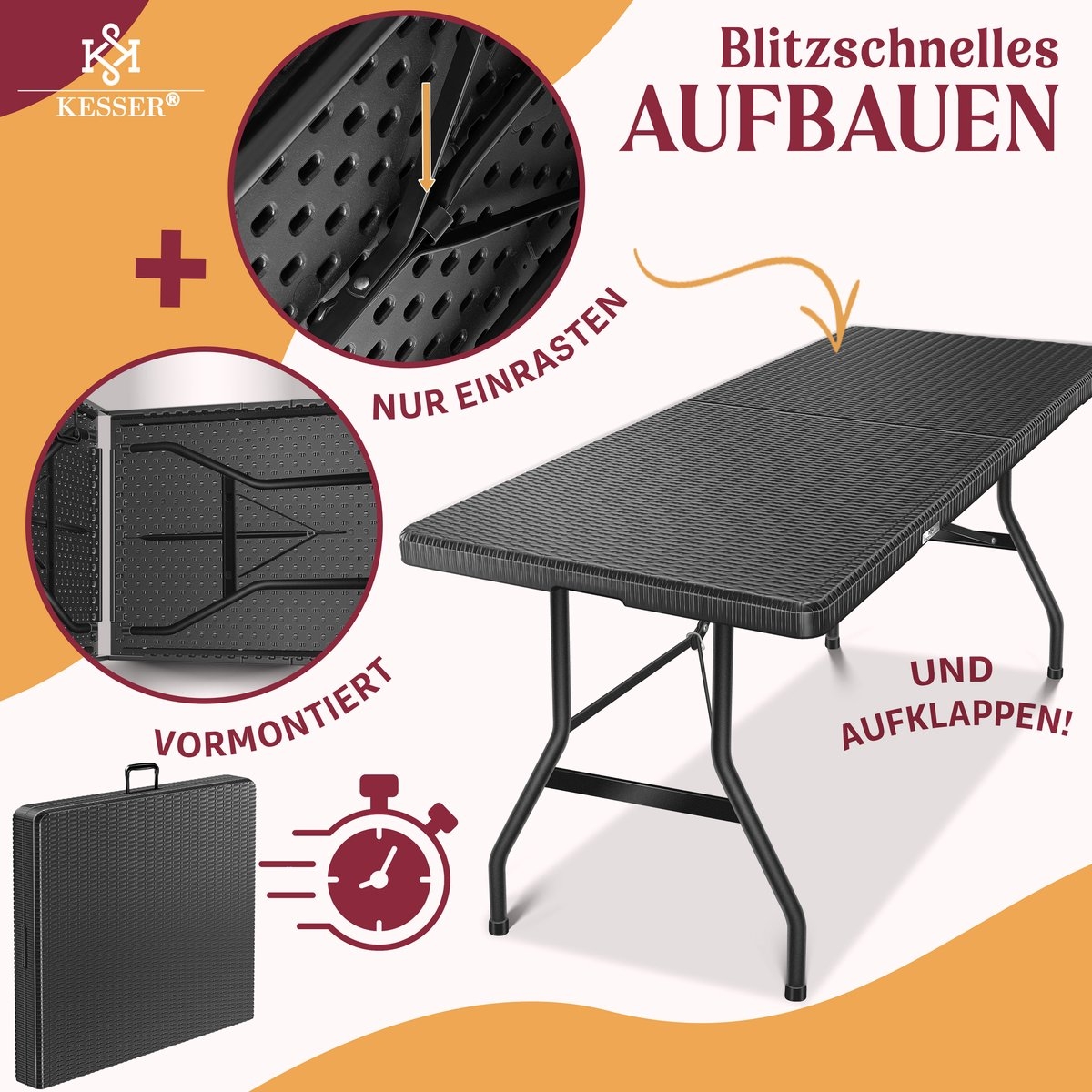 Inklapbare tafel 180x75x73cm - rattanlook kunststof - campingtafel / tuintafel - max 8 personen - antraciet - Afbeelding 6