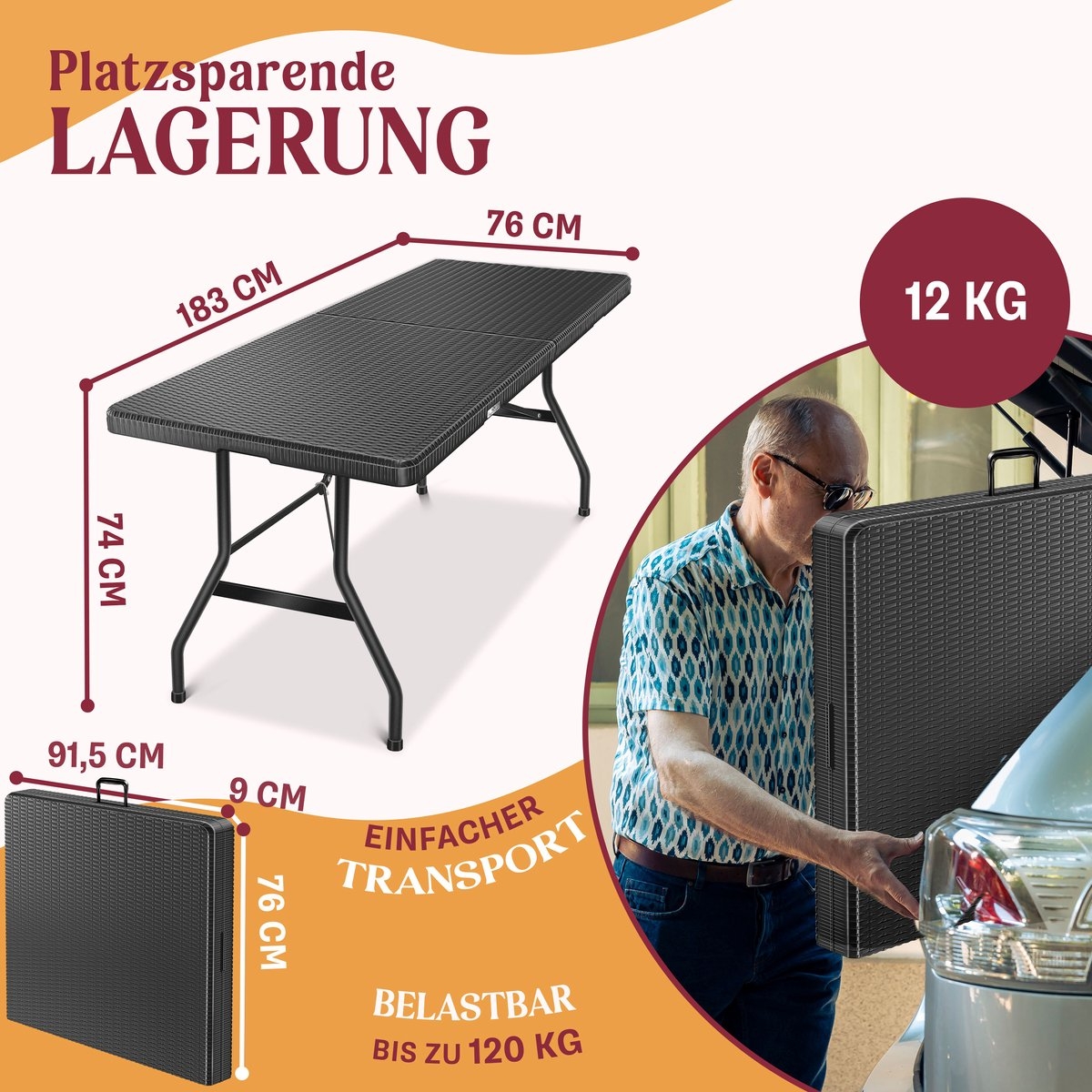 Inklapbare tafel 180x75x73cm - rattanlook kunststof - campingtafel / tuintafel - max 8 personen - antraciet - Afbeelding 7