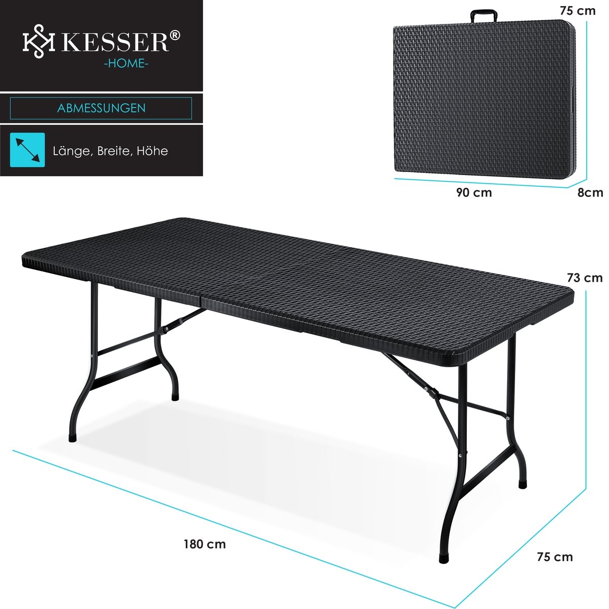 Inklapbare tafel 180x75x73cm - rattanlook kunststof - campingtafel / tuintafel - max 8 personen - antraciet - Afbeelding 9