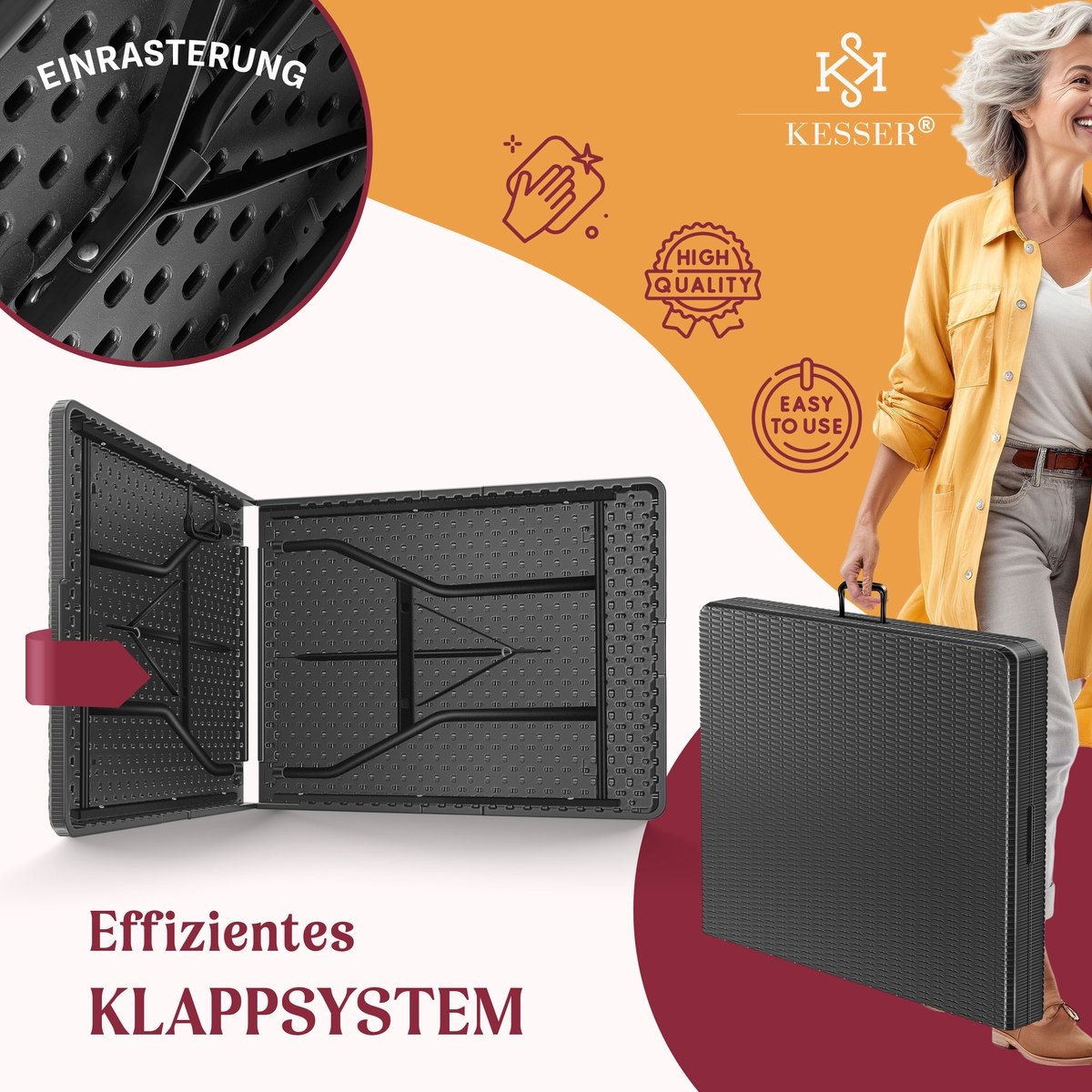 Inklapbare tafel 180x75x73cm - rattanlook kunststof - campingtafel / tuintafel - max 8 personen - antraciet - Afbeelding 12