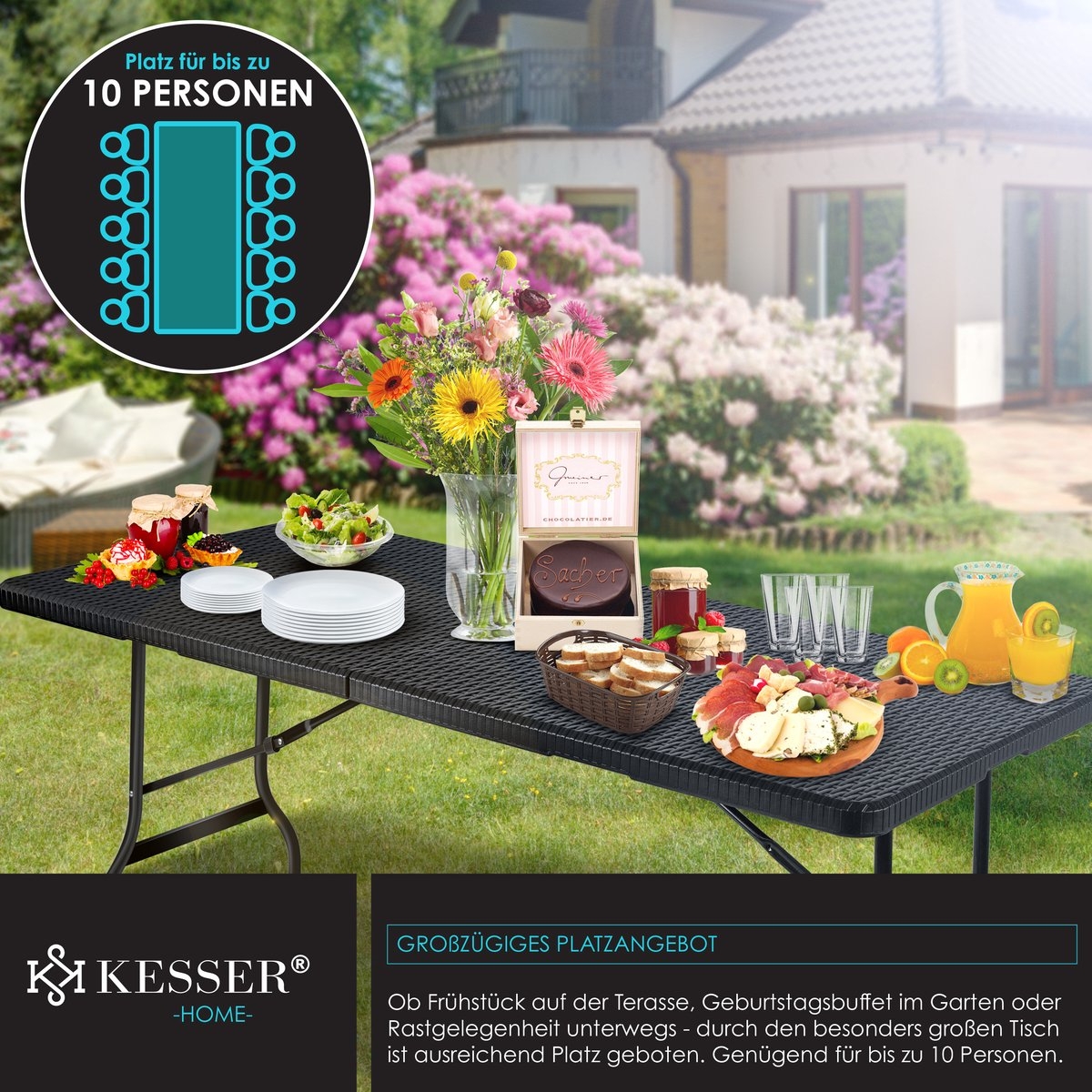 Inklapbare tafel 180x75x73cm - rattanlook kunststof - campingtafel / tuintafel - max 8 personen - antraciet - Afbeelding 13