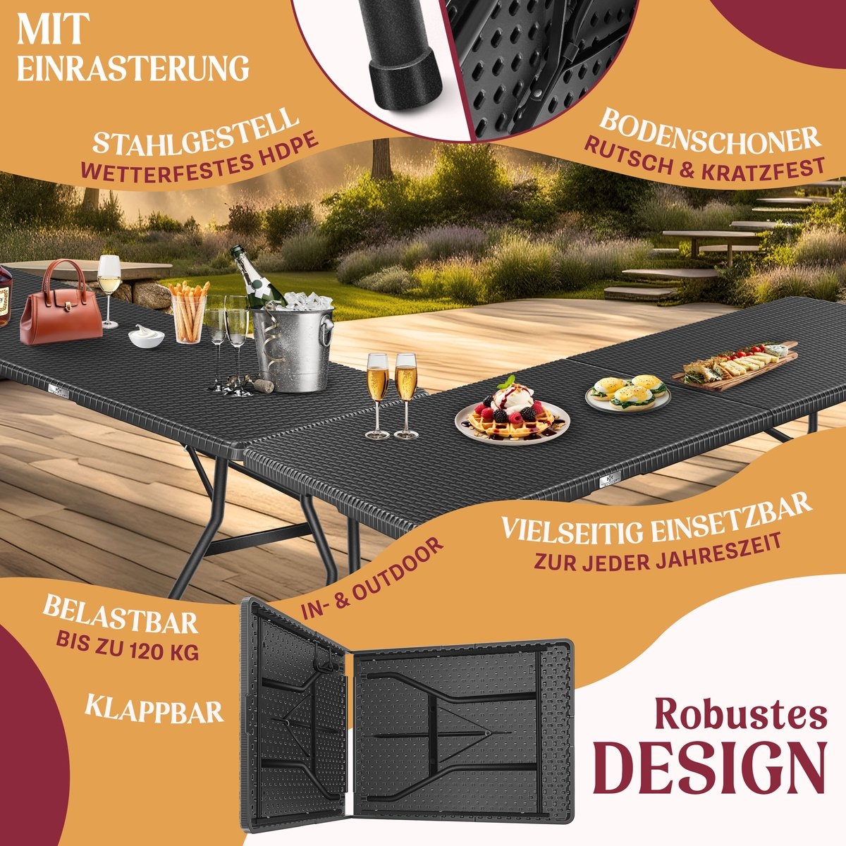 Inklapbare tafel 180x75x73cm - rattanlook kunststof - campingtafel / tuintafel - max 8 personen - antraciet - Afbeelding 14