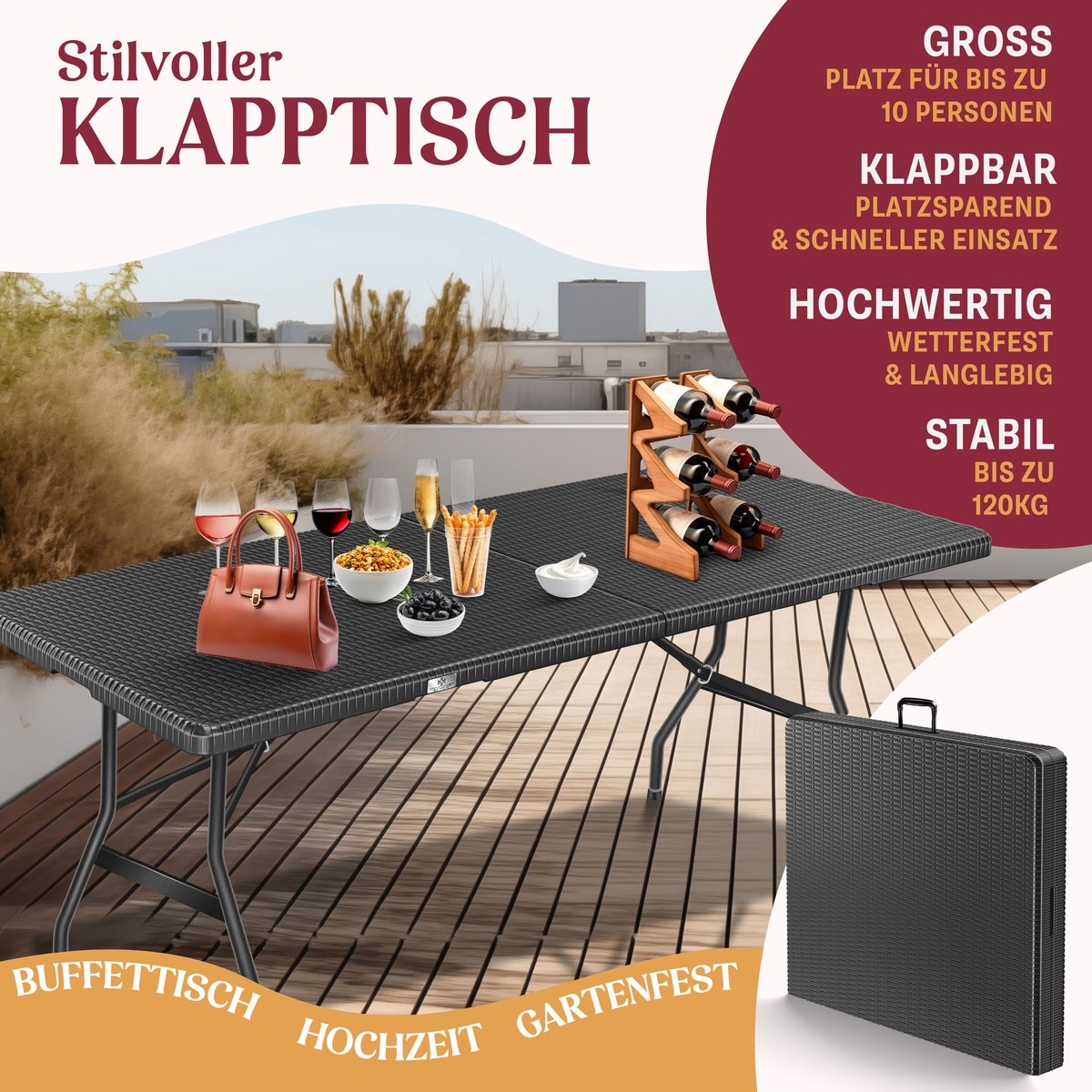 Inklapbare tafel 180x75x73cm - rattanlook kunststof - campingtafel / tuintafel - max 8 personen - antraciet - Afbeelding 15