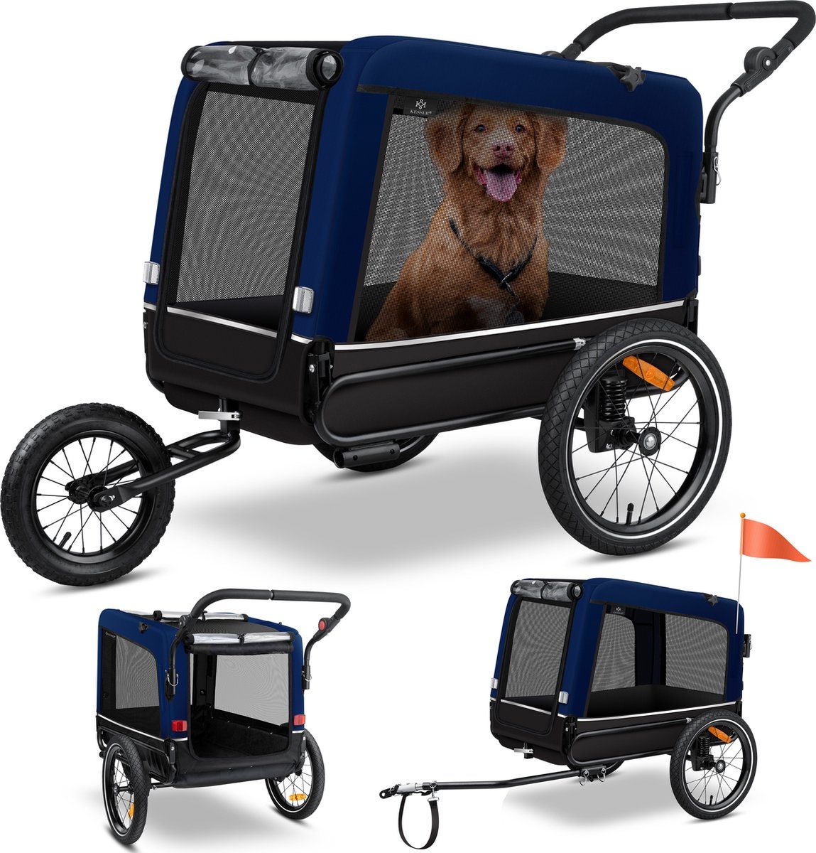 Hondenfietskar met jogger functie - hondenaanhanger - tot 40 kg - 3in1 - fietskar hond - blauw