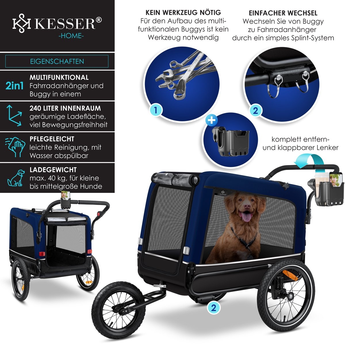 Hondenfietskar met jogger functie - hondenaanhanger - tot 40 kg - 3in1 - fietskar hond - blauw - Afbeelding 2