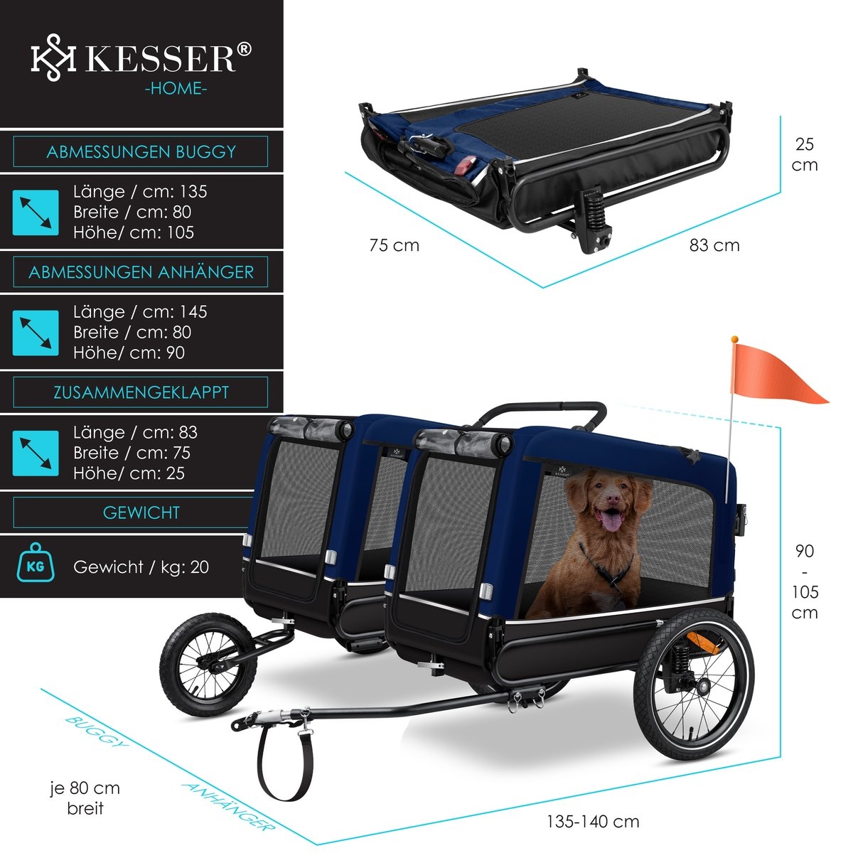 Hondenfietskar met jogger functie - hondenaanhanger - tot 40 kg - 3in1 - fietskar hond - blauw - Afbeelding 4