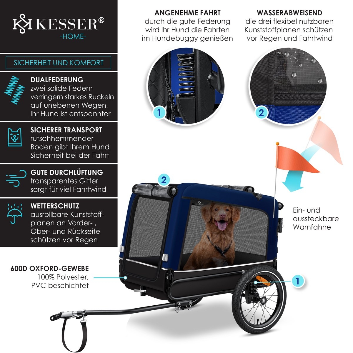 Hondenfietskar met jogger functie - hondenaanhanger - tot 40 kg - 3in1 - fietskar hond - blauw - Afbeelding 5